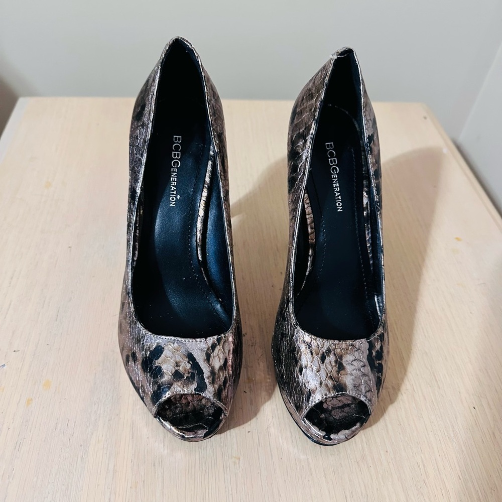 BCBGeneration Snake-Print Peep-Toe Pumps in Brown and Black